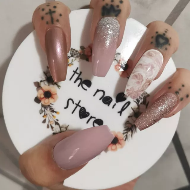 Unghie finte dipinte a mano - glitter marmo oro rosa - qualsiasi forma - 3 taglie
