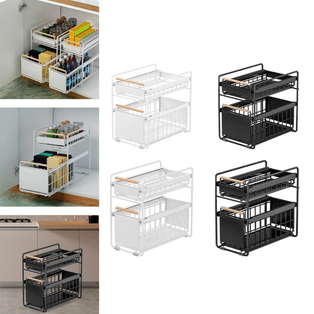 Organisateur Sous évier 2 Niveaux Coulissants - Métal Noir - Hauteur Réglable - Ventouses Anti-glisse - Pour Cuisine, Salle De Bain