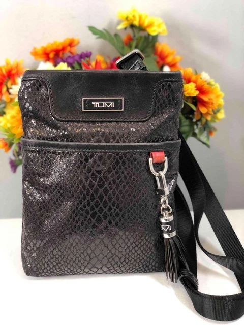 TUMI Black Snakeskin Prints Leather North South Small Crossbody Bag