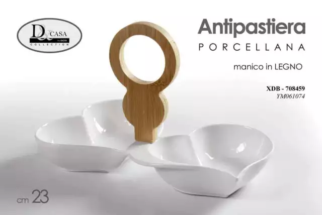 DLM - Set Antipastiera 3 Scomparti Aperitivo In Ceramica Bianca con Base in  Legno Design Bomboniera Utile Art. 51361