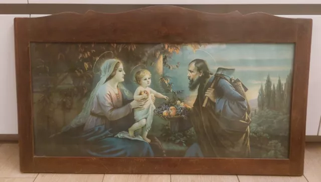 Antico Quadro Capoletto con stampa Sacra Famiglia -Cornice in Legno - Anni '50