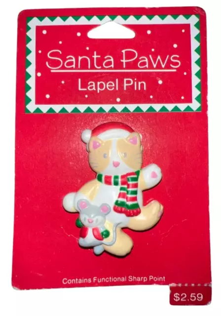 Gibson Greeting Santa Paws Cat and Mouse Brooch or Lapel Pin on Card