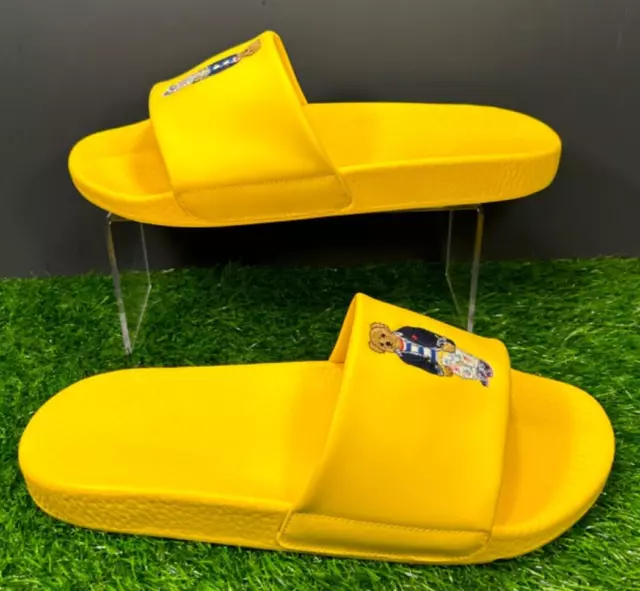 POLO RALPH LAUREN Pool Slides Mens 11 Yellow Slip On Polo Bear Sandals ...