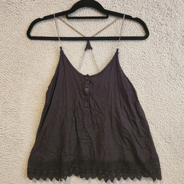 BILLABONG Womens Tank Top Size S Black Racerback Chain Strap Lace Hem Boho