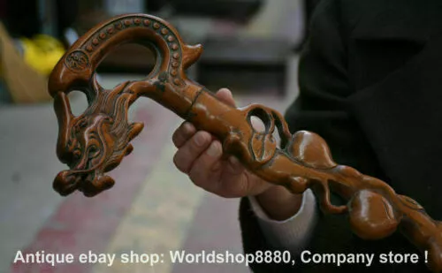 38" Antique Old Chinese Boxwood Carving Dragon Head Crutch Walking Stick Crozier 2