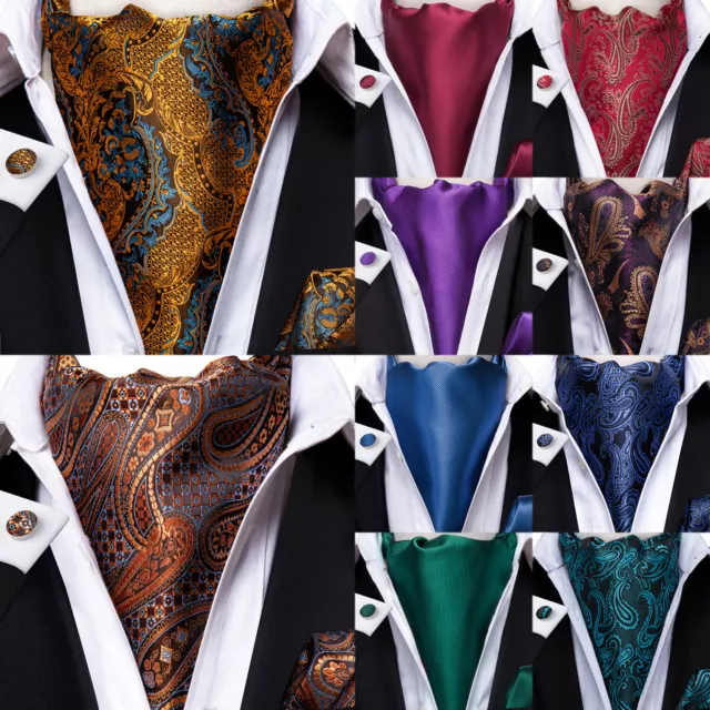 Men's Ascot Cravat Tie Silk Paisley Floral Check Hanky Cufflinks Set Wedding