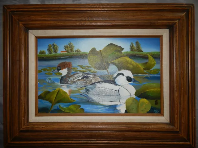 SMEW DUCKS original oil on canvas painting artist signed framed birds 10x16 inch