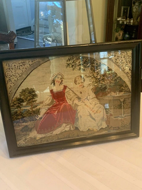 Rare Antique Victorian Figural Needlepoint Sampler Mid 19th Century