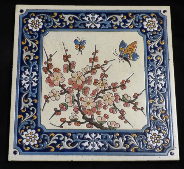 RARE Art Nouveau Tile Flowering Apple tree & Butterfly Jugendstil Choisy-le-Roi