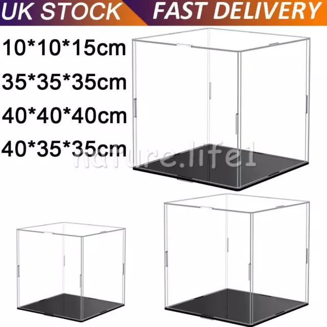 Clear Acrylic Display Case Perspex Box Plastic Black Base Dustproof 4 Sizes