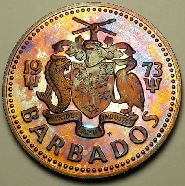 1973-Fm Barbados 2 Two Dollars Proof Choice Gem Unc Monster Toned Color (Dr)