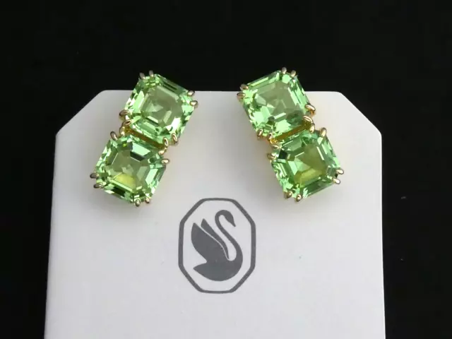 NEW Boxed Swarovski Gold Plated 2 Square Cut Faceted Green Crystal Stud EARRINGS