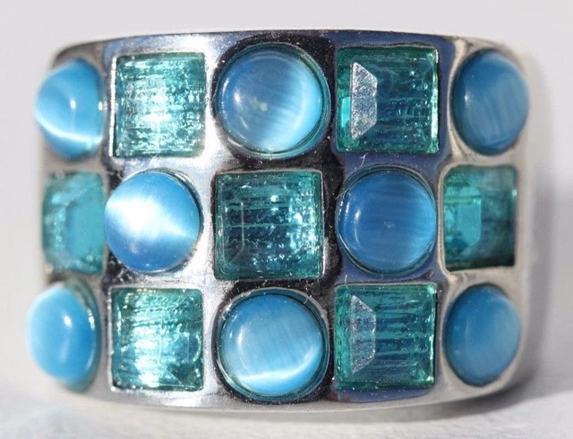 Bague Fantaisie En Métal Argenté Taille 53 - Sertie De Pierres Fantaisie, Occasion En Bel état - 9,7g