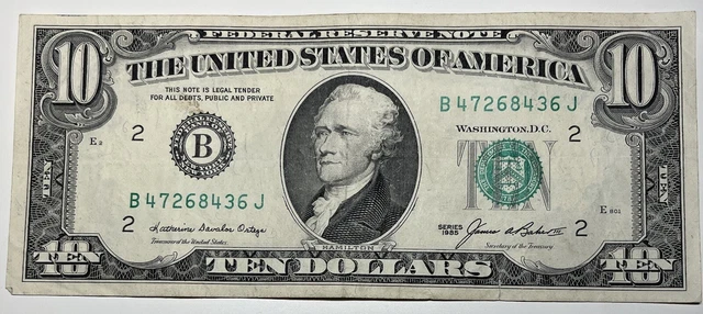 1985 $10 Ten Dollar Bill Federal Reserve Note  New York Vintage Old Currency