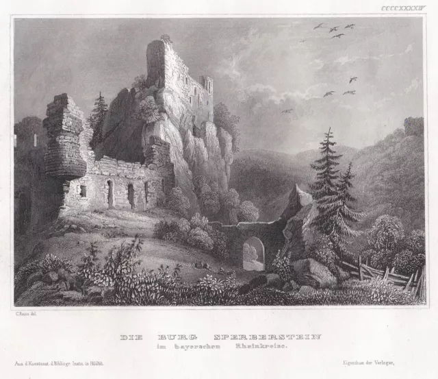 Burg Sperberstein Ruine Rheinkreis Bayern Bavaria Original Stahlstich 1840