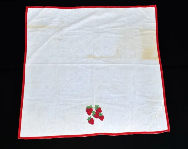 Vintage White with Red Strawberry Appliques Cotton 32" Square Tablecloth