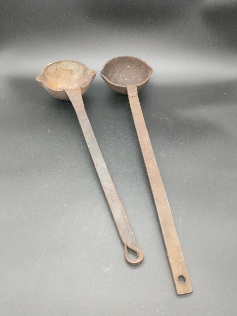 Antique Hand-Forged Cast Iron Ladle Spoon Blacksmith Primitive Decor set of 2