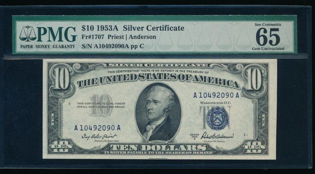 AC Fr 1707 1953A $10 Silver Certificate PMG 65 EPQ