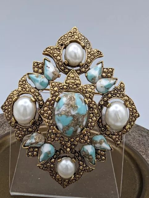 Vintage Estate Faux Turquoise/ Pearl Gold Tone Sarah Cov Large Brooch Pendant