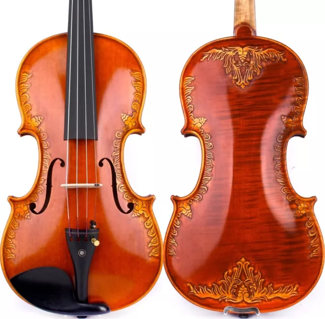 T21 Master Strad Style Carved Flower Violin 4/4 European Wood Sweet Rich Sound
