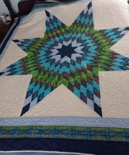 Vintage Quilt Lone Star Hand Quilted Blues Greens 70" x 80" Vintage Quilt Lone Star Hand Quilted Blues Greens 70" x 80"