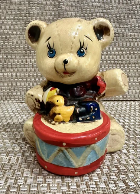 Vintage ceramic teddy bear piggy bank. Brown hand painted. Rare Find