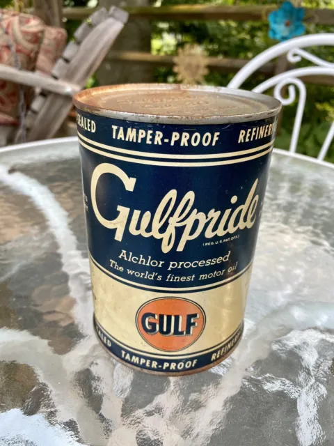 Vintage Tin Can Gulf Gulfpride Motor Oil Quart Alchlor-Processed Full