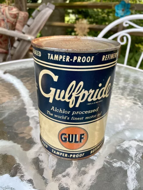 Vintage Tin Can Gulf Gulfpride Motor Oil Quart Alchlor-Processed Full Vintage Tin Can Gulf Gulfpride Motor Oil Quart Alchlor-Processed Full