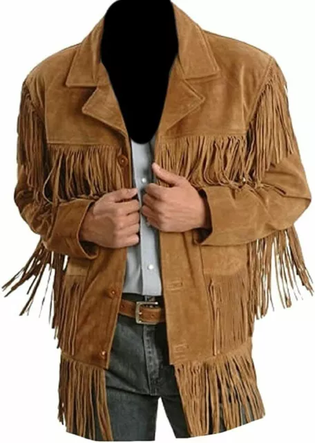 Men Western Cowboy Suede Leather Men Jacket with Fringed & Button -Tan Brown