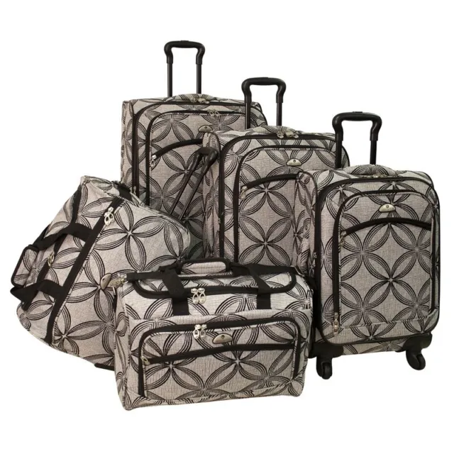 American Flyer Silver Clover Fabric 5 Piece Spinner Luggage Set in Black & Gray