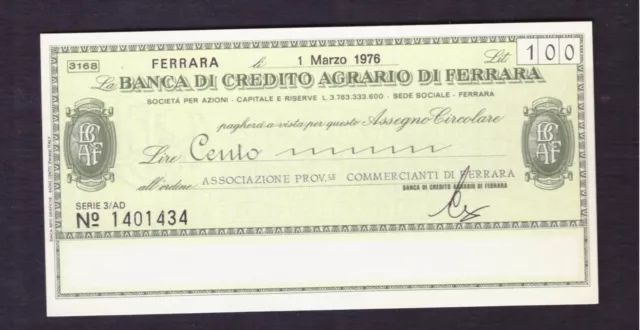 Miniassegno Banca Credito Agrario di Ferrara Ass. Commercianti 100 L 1-3-1976