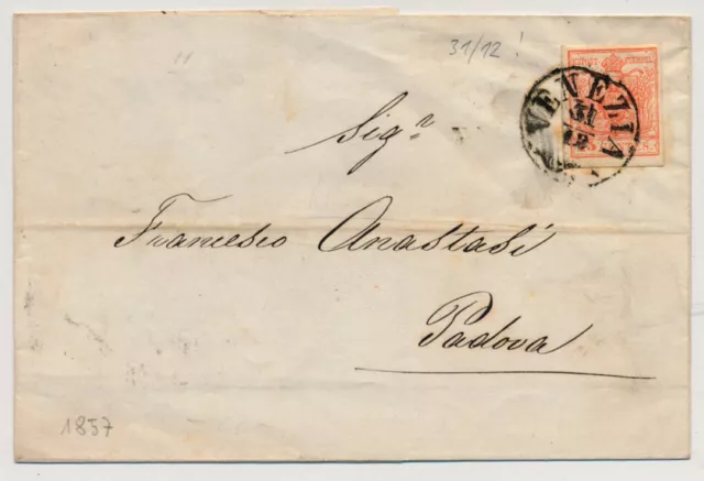 LOMBARDEI-VENETIEN 1857 15C, MP Type III. Brief VENEZIA nach PADOVA. DATUM:31/12