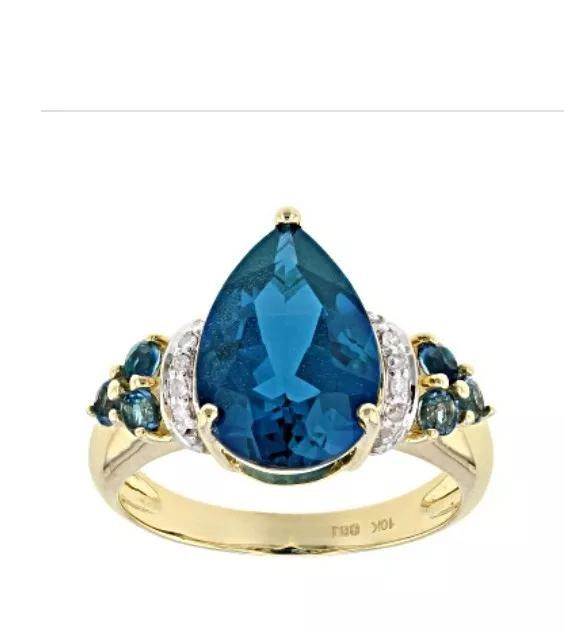 New Pear Shape And Round London Blue Topaz With Diamond Accent 10K Yellow...