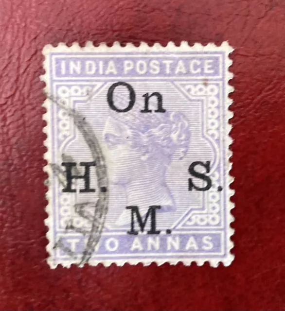 Queen Victoria India Two Annas Used Postage Stamp. On H.M.S. Over Mark. VGC
