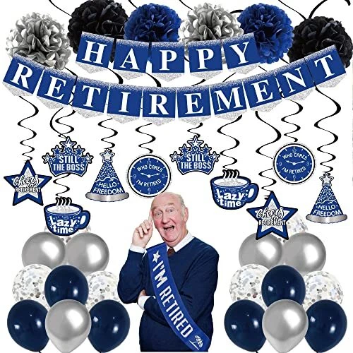 retirement party decorations blue men - 37pack happy retirement blue banner 6...