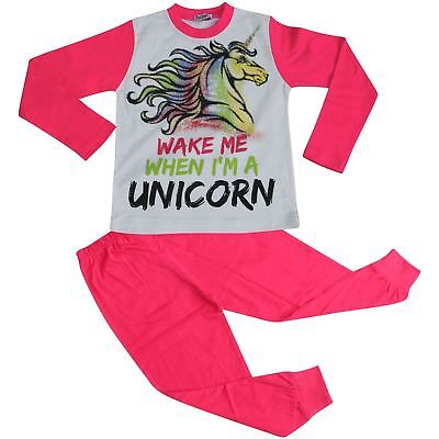 Kids Girls Pyjamas Wake Me When I'M A Unicorn Nightwear Loungewear Pink PJS 5-13
