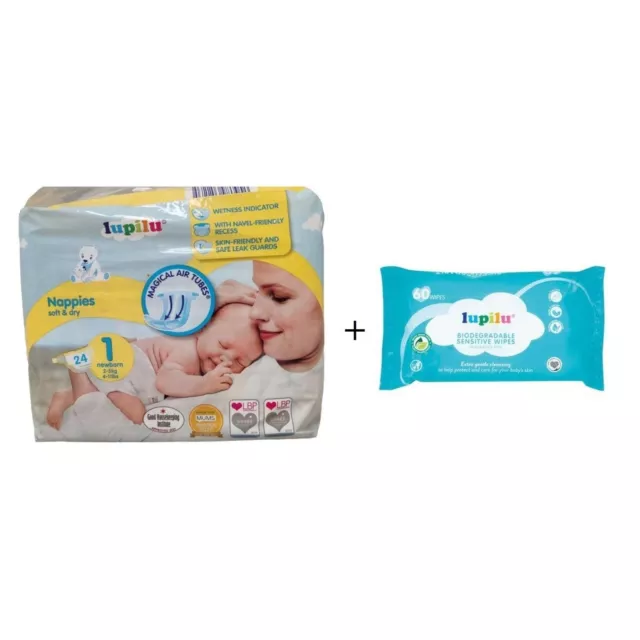 Lupilu Size 1 Nappies NewBorn 24 Pack + Sensitive Fragrance Free Wipes 60 Pack