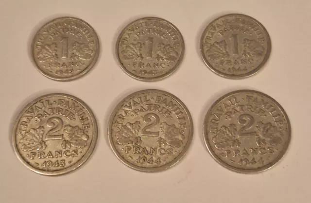 3 pièces de 1 Franc et 3 pièces de 2 Francs  BAZOR Francisque,  État Français