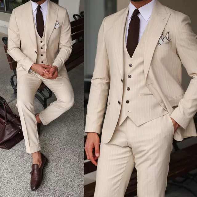 Striped Mens Suit Slim Fit Tuxedos  Wedding Suit Groom Business Party 3 Piece