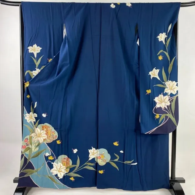 Japanese Kimono Furisode Pure Silk Lily An Ox Drawn Coach Foil Indigo Blue