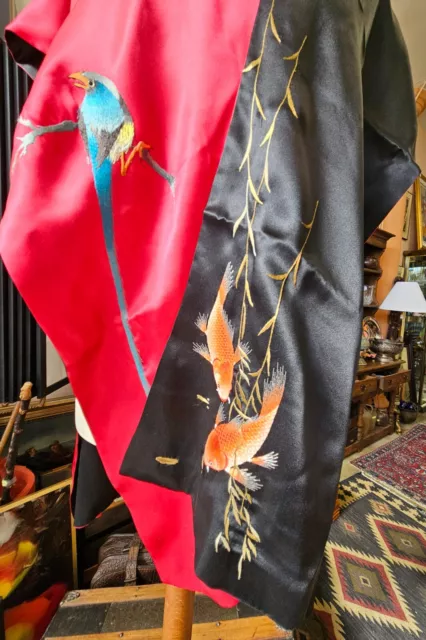 (2) Vintage Far East Living Hand Embroidered Silk Scarves Koi Bird NWT