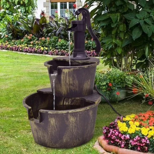 2-Tier Outdoor Barrel Waterfall Fountain With Pump Garden Water Décor Rustic