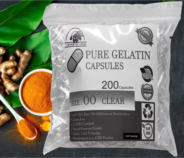 200 Size 00 Clear Empty Gelatin Pill Capsules Kosher Gel Caps Gluten-Free USA