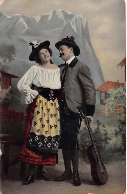 RPPC Dutch Girl Couple Romance Folk Dress Costume Violin Photo Vtg Postcard B51