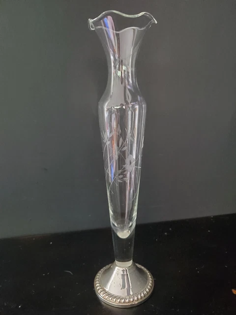 Duchon Creation STERLING SILVER Weighted ETCHED CRYSTAL Fluted Bud Vase