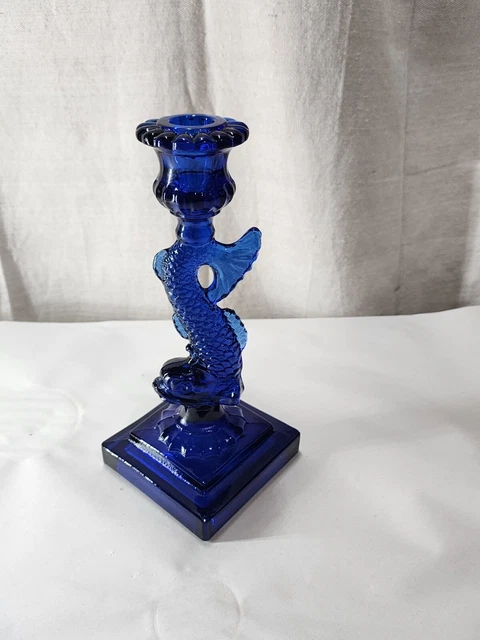 Vintage imperial Glass Dolphin Candlestick Ultra blue #90