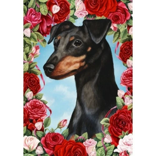 Roses House Flag - Uncropped Black and Tan Miniature Pinscher 19084