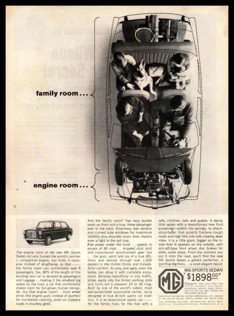 1964 MG Sports Sedan $1898 "Family Room Engine Room" BMC Motors Vintage Print Ad