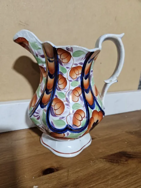 An Antique 19th Gaudy Welsh Pottery Jug, Hand Painted, Rare Pattern
