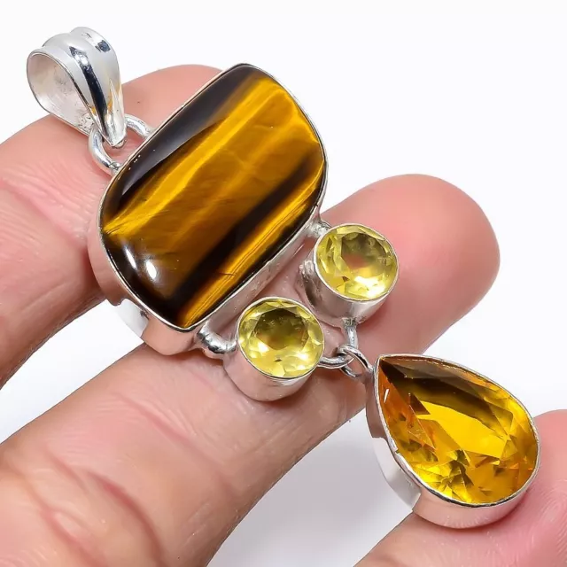 Oeil de Tigre Citrine Pierre Précieuse Argent Pendentif Main Artisant Bijoux